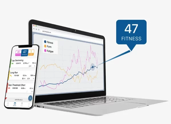 Image of laptop and mobile phone displaying training peaks data.